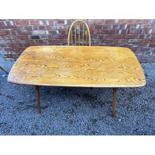 80 - ERCOL ELM WINDSOR DINING TABLE AND FOUR CHAIRS