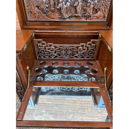 48 - CARVED ORIENTAL DARK WOOD DRINKS CABINET FOLD OUT HOME BAR A/F