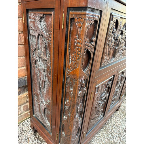 48 - CARVED ORIENTAL DARK WOOD DRINKS CABINET FOLD OUT HOME BAR A/F