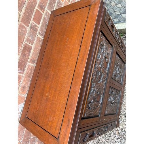 48 - CARVED ORIENTAL DARK WOOD DRINKS CABINET FOLD OUT HOME BAR A/F