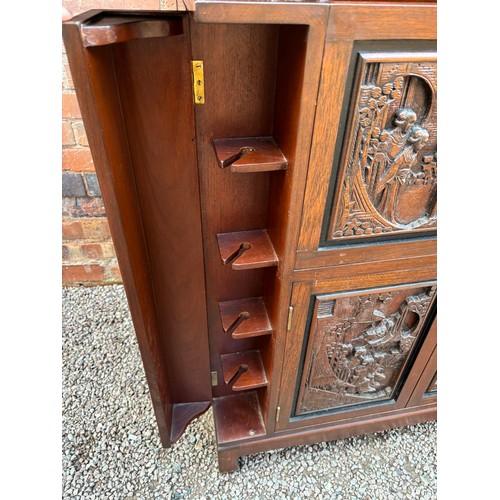 48 - CARVED ORIENTAL DARK WOOD DRINKS CABINET FOLD OUT HOME BAR A/F