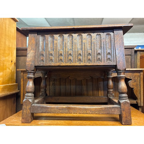 27 - OAK TABLE AND REPODUCTION CARVED OAK JACOBEAN STYLE  BOX