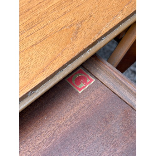 1A - G PLAN CIRCULAR DINING TABLE AND FOUR DINING CHAIRS