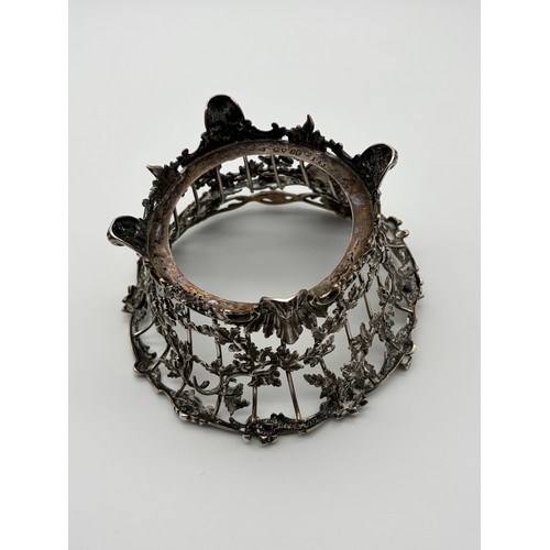 529 - 19TH CENTURY LONDON SILVER GLASS LINED BASKET WITH SWING HANDLE DECORATED WITH ACORNS ON TURNED FEET... 