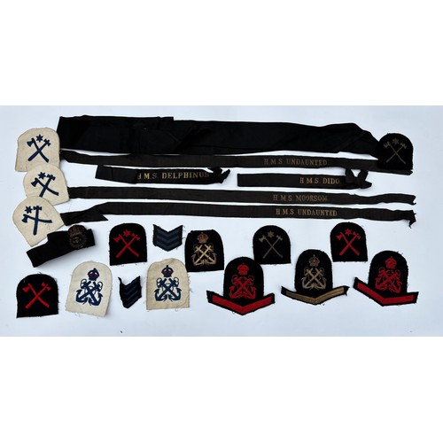 459 - SELECTION OF ROYAL NAVY SAILORS CAP BANDS INC. H.M.S MORESOME, UNDAUNTED, DIDO AND DELPHINUS AND SEW...