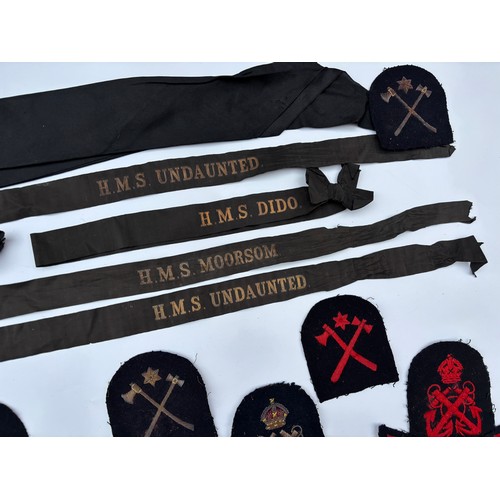 459 - SELECTION OF ROYAL NAVY SAILORS CAP BANDS INC. H.M.S MORESOME, UNDAUNTED, DIDO AND DELPHINUS AND SEW... 