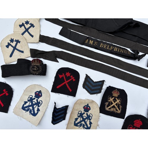 459 - SELECTION OF ROYAL NAVY SAILORS CAP BANDS INC. H.M.S MORESOME, UNDAUNTED, DIDO AND DELPHINUS AND SEW... 