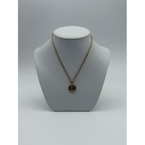 475 - 585 14CT DOUBLE SIDED ROUND FALCON HEAD PENDANT ON ROPE TWIST CHAIN WITH CLAW FASTENER 17.5G