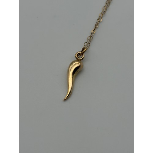 474 - 9CT GOLD HORN OF PLENTY PENDANT ON TRACE CHAIN 1G