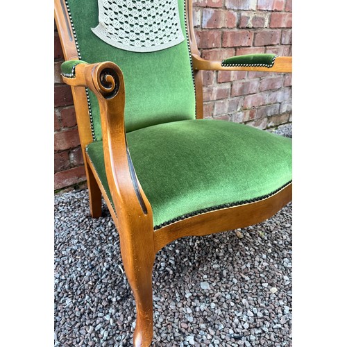 64 - REPRODUCTION GREEN DRALON UPHOLSTERED HIGH BACK ARMCHAIR