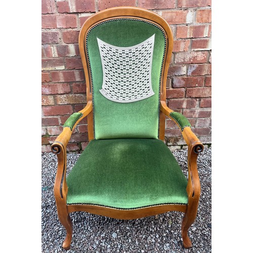 65 - REPRODUCTION GREEN DRALON UPHOLSTERED HIGH BACK ARMCHAIR