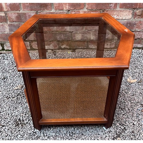 99 - MAHOGANY HEXAGONAL GLASS TOP TABLE