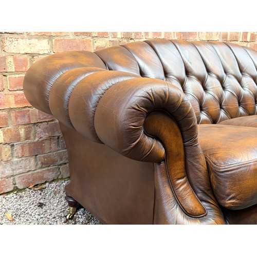 107 - VICTORIAN STYLE BROWN BUTTON BACK LEATHER CHESTERFIELD SOFA AND MATCHING FOOT STOOL