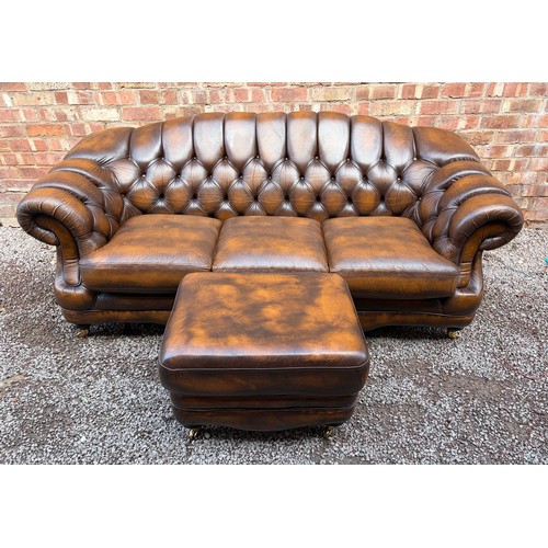 107 - VICTORIAN STYLE BROWN BUTTON BACK LEATHER CHESTERFIELD SOFA AND MATCHING FOOT STOOL