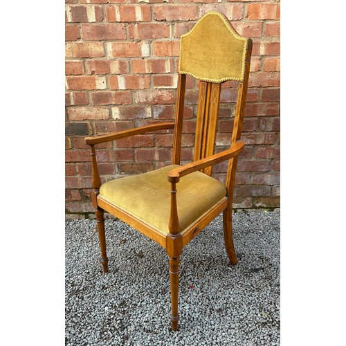 101 - EDWARDIAN UPHOLSTERED LINE INLAID HIGH BACK ELBOW CHAIR