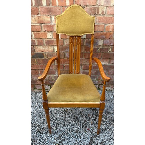 101 - EDWARDIAN UPHOLSTERED LINE INLAID HIGH BACK ELBOW CHAIR