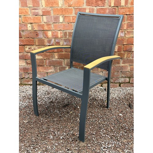 117 - CIRCULAR PATIO TABLE, SIX STACKABLE CHAIRS, PARASOL IN BOX WITH WEIGHTED BASE AND CUSHIONS IN NYLON ... 