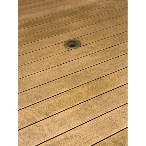 117 - CIRCULAR PATIO TABLE, SIX STACKABLE CHAIRS, PARASOL IN BOX WITH WEIGHTED BASE AND CUSHIONS IN NYLON ... 