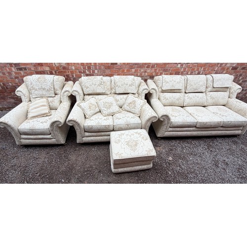 103 - QUALITY CREAM FLORAL BROCADE THREE SEATER AND TWO SEATER SOFAS, WITH MATCHING ARMCHAIR AND BOX STORA... 