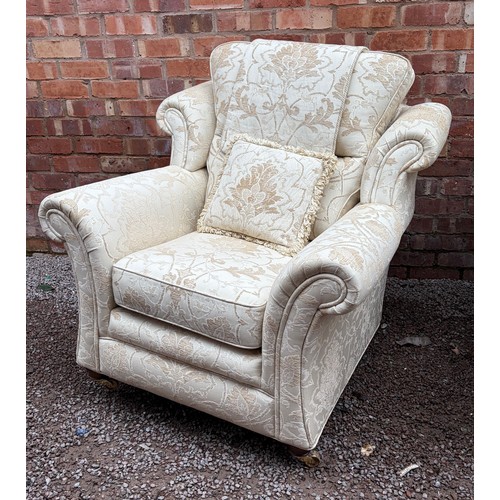 103 - QUALITY CREAM FLORAL BROCADE THREE SEATER AND TWO SEATER SOFAS, WITH MATCHING ARMCHAIR AND BOX STORA... 