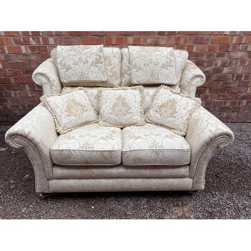 103 - QUALITY CREAM FLORAL BROCADE THREE SEATER AND TWO SEATER SOFAS, WITH MATCHING ARMCHAIR AND BOX STORA... 