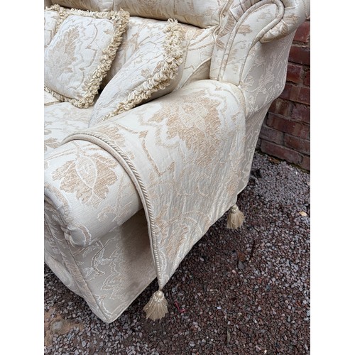 103 - QUALITY CREAM FLORAL BROCADE THREE SEATER AND TWO SEATER SOFAS, WITH MATCHING ARMCHAIR AND BOX STORA... 