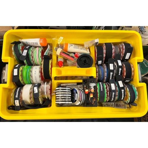 362 - STANLEY HEAVY DUTY WHEELIE TRUNK VARIOUS FLY FISHING RELATED TACKLE, TRAY OF VARIOUS WET/DRY LINES L... 