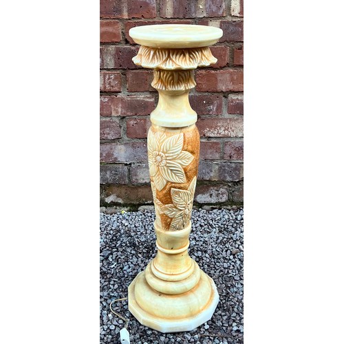 96 - CARVED CREAM ROSE ALABASTER TORCHERE ON STEPPED BASE