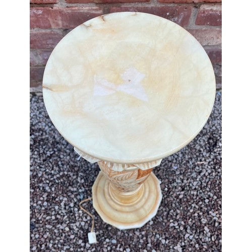 96 - CARVED CREAM ROSE ALABASTER TORCHERE ON STEPPED BASE