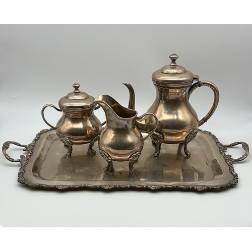 555 - FLORENTINA BOGART 900 SILVER THREE PIECE TEA SERVICE ON TWIN HANDLED TRAY 60OZ APPROX