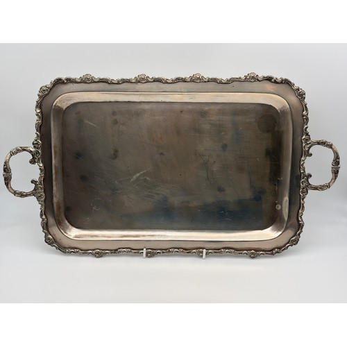 555 - FLORENTINA BOGART 900 SILVER THREE PIECE TEA SERVICE ON TWIN HANDLED TRAY 60OZ APPROX