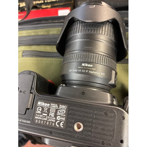 448 - NIKON D80 DIGITAL CAMERA, CANON IXUS 1001S CAMERA, NIKON COOLPIX CAMERA, LENS, FLASH, FILTERS.