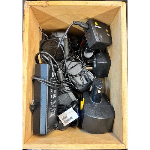 BOX OF POWER TOOL BATTERIES AND CHARGERS