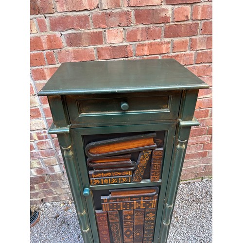 90 - GREEN PAINTED FAUX BOOK SPINE DECORATED DOOR HIGH CUPBOARD