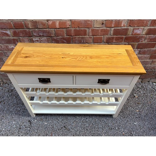 123 - CREAM PAINTED KITCHEN WINE BOTTLE SIDE TABLE WITH TWO FITTED DRAWERS