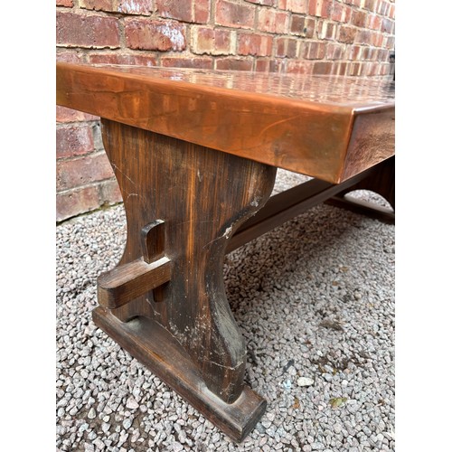 104 - COPPER BEATEN TOP TRESTLE END COFFEE TABLE
