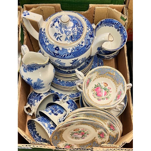 331 - BOX OF BLUE AND WHITE WILLOW TEA SET AND COALPORT MONTROSE PART TEA SET