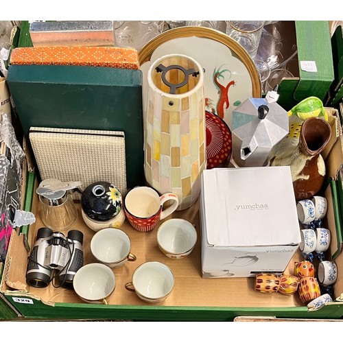 329 - CARTON OF CHINESE PART TEA SET, BOXED TEA POT, BLUE AND WHITE SNAIL NAPKIN RINGS AND BOXED PLACEMATS