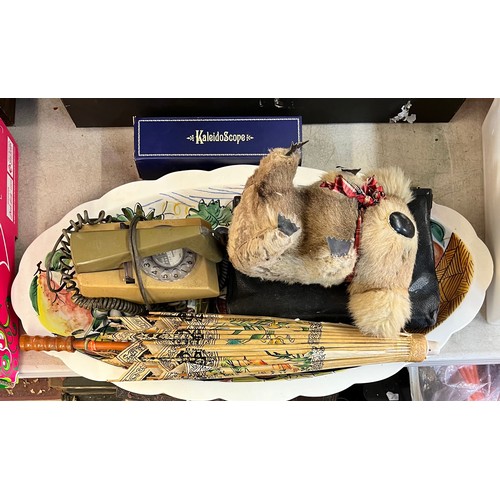 661 - CARTON LARGE OVAL PLATTER , VINTAGE TELEPHONE TABLE LAMPS AND PETWER TANKARD