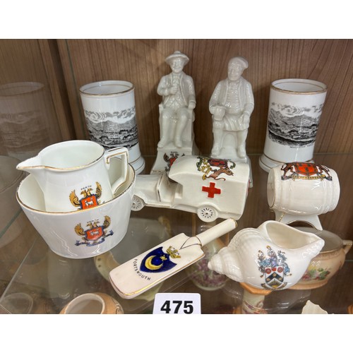 475 - SELECTION OF CRESTED CHINA INCLUDING WW1 AMBULANCE, SOUTER JOHNNY FIGURE AND CRICKET BAT