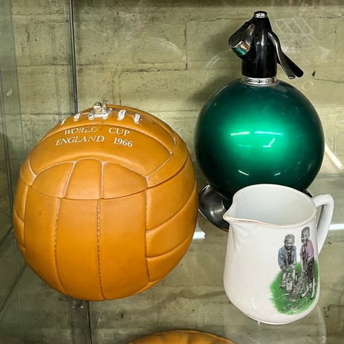 418 - VINTAGE WORLD CUP 1966 ICE BUCKET IN SHAPE OF A FOOTBALL AND GREEN SPARKLET GLOBULAR SODA SYPHON