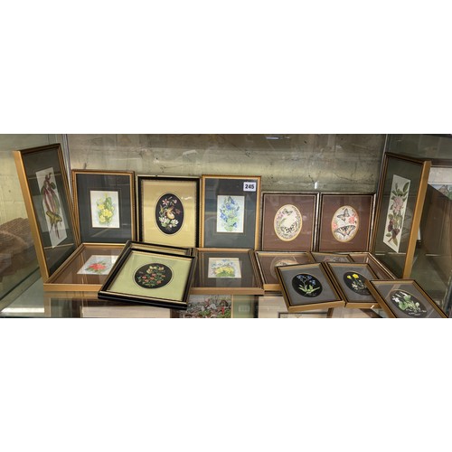 245 - SHELF OF CASHS WOVEN SILK PICTURES WILD FLOWERS AND BUTTERFLIES