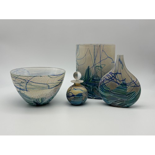 473 - FOUR PIECES OF MICHAEL HARRIS ISLE OF WIGHT "SEASCAPE" DESIGN GLASSWARE INC. BOWL, SCENT BOTTLE AND ...