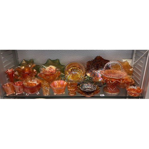457 - SHELF OF LUSTRE CARNIVAL GLASSWARES-BOWLS,BASKETSAND CRIMPED DISHES