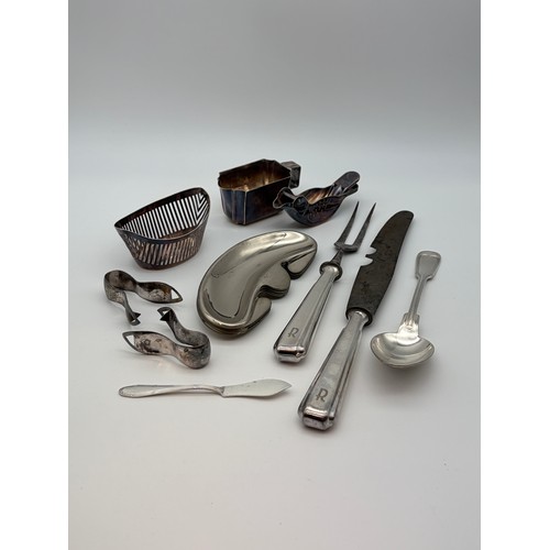 640 - SELECTION OF WMF PLATED TABLE WARES INC. , NOVELTY BIRD LEMON JUICER, CARVING SET AND FISH BONE DISH... 
