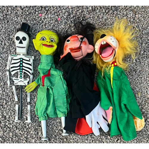 379A - FOUR PAINTED HAND PUPPETS INCLUDING SKELETON, LION AND ALIEN