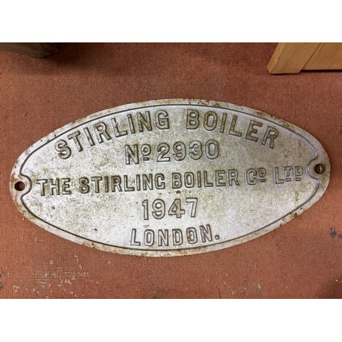 380 - STIRLING BOILER CO LTD OVAL PLAQUE 1947 NO2930