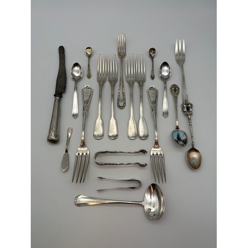 639 - SELECTION OF 800 WHITE METAL SILVER CUTLERY, SPOONS, SUGAR TONGS AND FORKS 13.5OZ OVERALL.