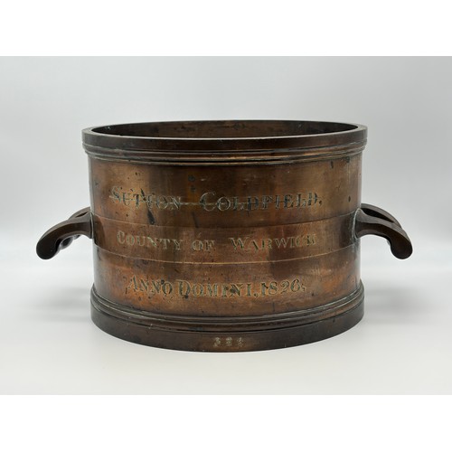 610 - INTERESTING BRONZE REGENCY BUSHEL MEASURE PECK SUTTON COLDFIELD COUNTY OF WARWICKSHIRE ANNO DOMINI18... 