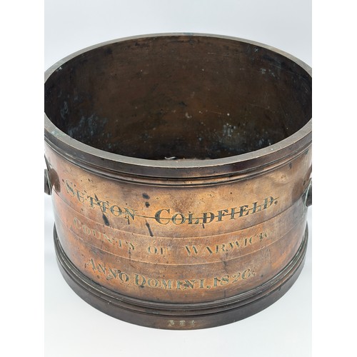 610 - INTERESTING BRONZE REGENCY BUSHEL MEASURE PECK SUTTON COLDFIELD COUNTY OF WARWICKSHIRE ANNO DOMINI18... 